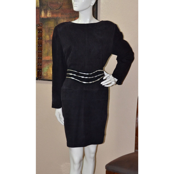 Amen Wardy Vintage Back Cutout Designer Couture Suede Sheath Dress Size 10 - Picture 5 of 7